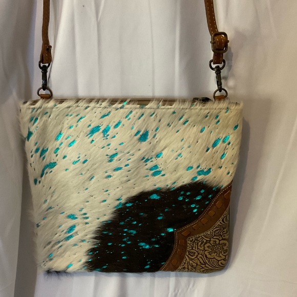 Myra Bag Handbags - Myra Bag, Western Inspired White Black Shiny Turquoise Faux Fur Crossbody